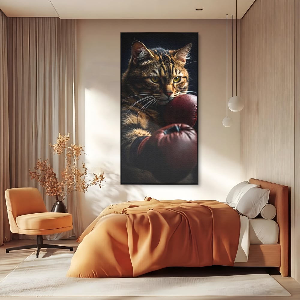 Tablou canvas cu tablou canvas cu motan boxer, in rama de aluminiu negru, pe perete intr-un dormitor